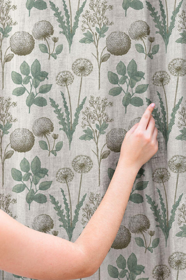 Botanical Linen Curtain - Vintage Wildflower & Seed Head Illustration Pattern in Sage Green Linen Drape