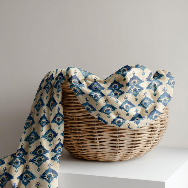 Evil Eye Print Linen Curtain - Repeating Blue Nazar Symbol Pattern in Geometric Diamond Layout Linen Drape