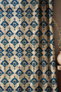 Evil Eye Print Linen Curtain - Repeating Blue Nazar Symbol Pattern in Geometric Diamond Layout Linen Drape - Image 1