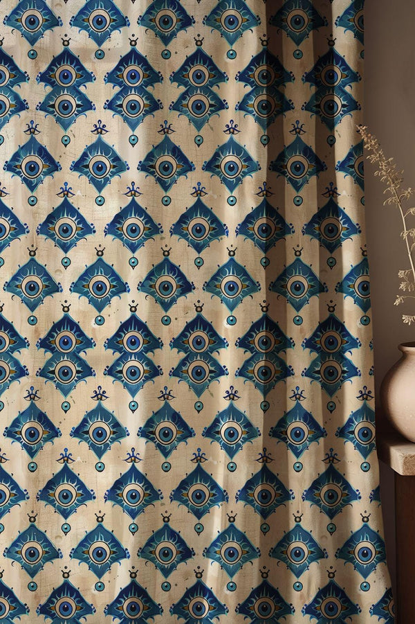Evil Eye Print Linen Curtain - Repeating Blue Nazar Symbol Pattern in Geometric Diamond Layout Linen Drape