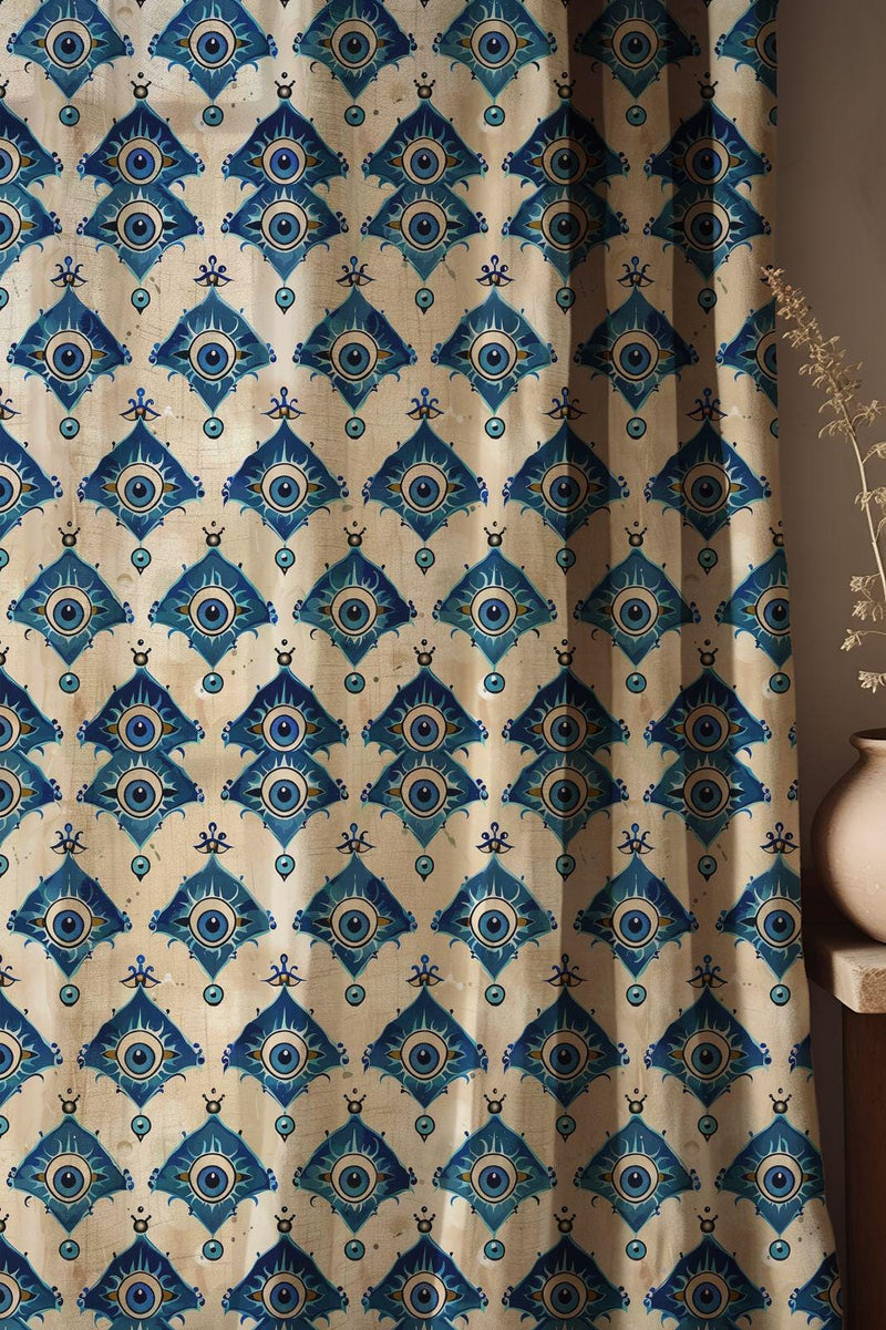 Evil Eye Print Linen Curtain - Repeating Blue Nazar Symbol Pattern in Geometric Diamond Layout Linen Drape