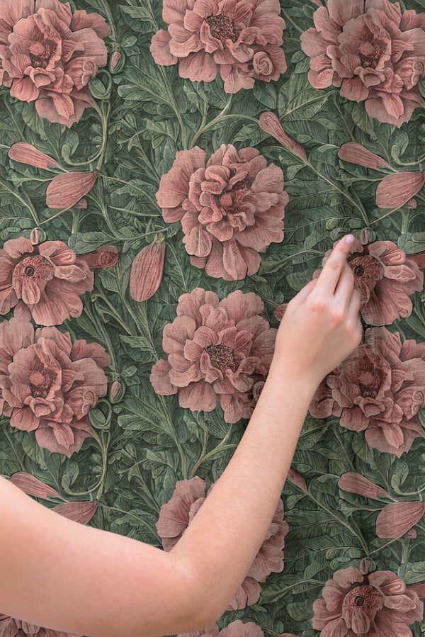 Dark Floral Print Linen Curtain - Vintage Rose Blossom Illustration Pattern With Deep Green Background Linen Drape