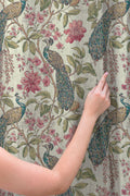 Peacock Print Linen Curtain - Vintage Botanical Floral Illustration With Birds and Blossoms Linen Drape - Image 3