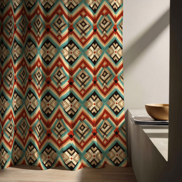 Southwestern Print Linen Curtain - Native Inspired Geometric Diamond Pattern in Earth Tones Linen Drape