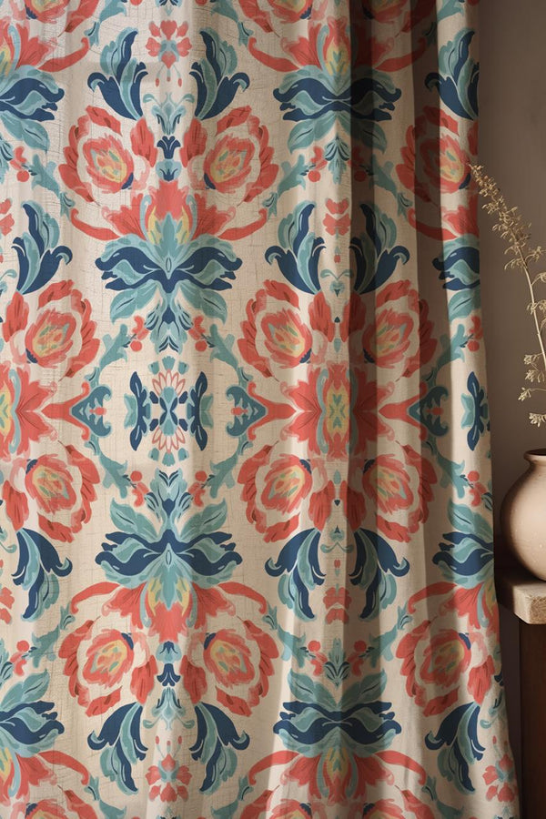 Coral Blue Floral Damask Linen Curtain – Vintage Boho Pattern Linen Drape