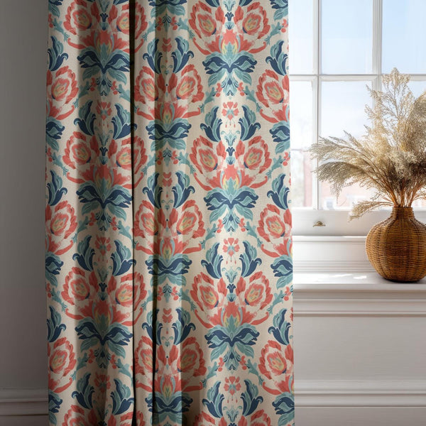Coral Blue Floral Damask Linen Curtain – Vintage Boho Pattern Linen Drape