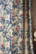 Chinoiserie Linen Curtain – Blue Red Floral Pattern Linen Drape - Image 1