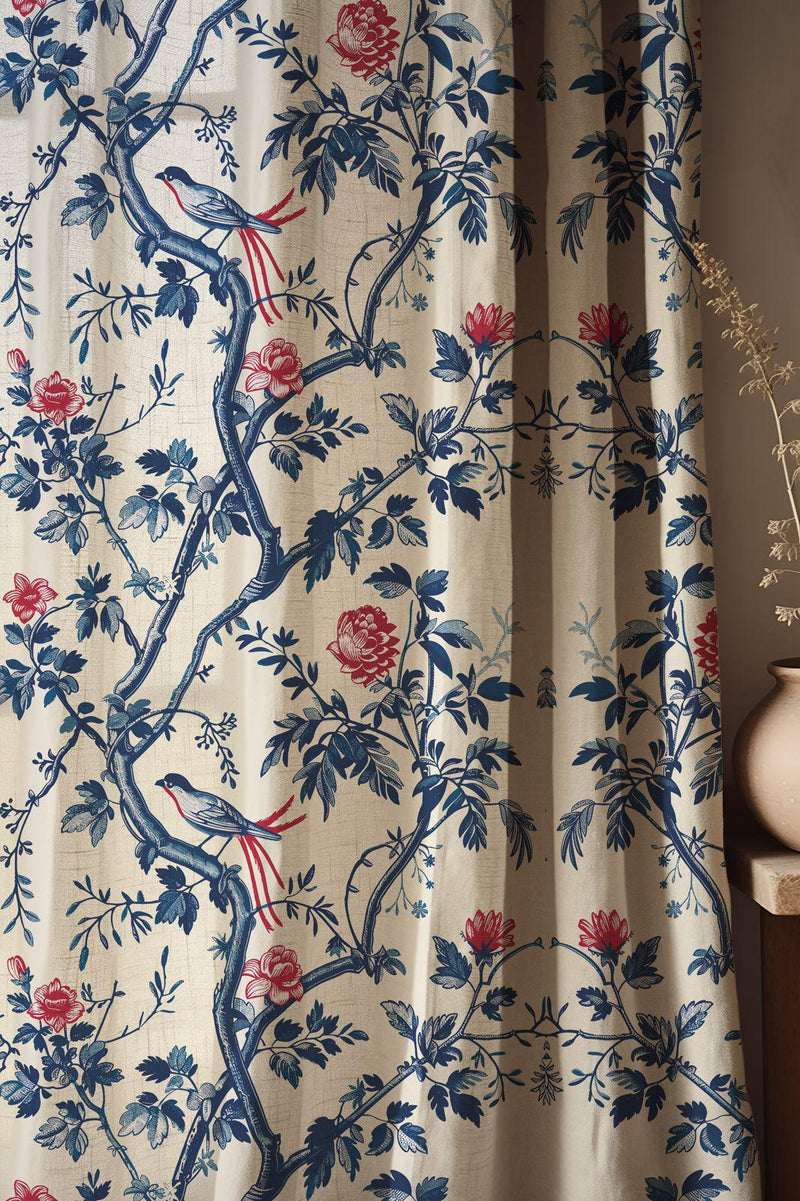 Chinoiserie Linen Curtain – Blue Red Floral Pattern Linen Drape
