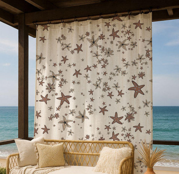 Starfish Themed Linen Curtain – Beige Brown Nautical Pattern Linen Drape