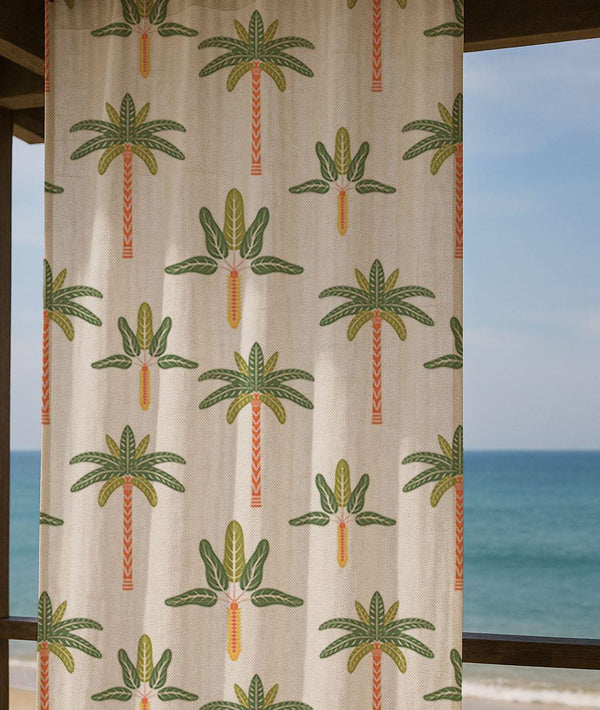 Tropical Palm Linen Curtain – Green Orange Linen Drape