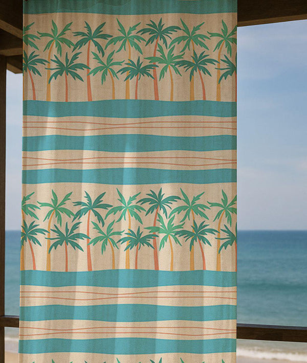 Palm Tree Linen Curtain – Teal Beige Tropical Linen Drape