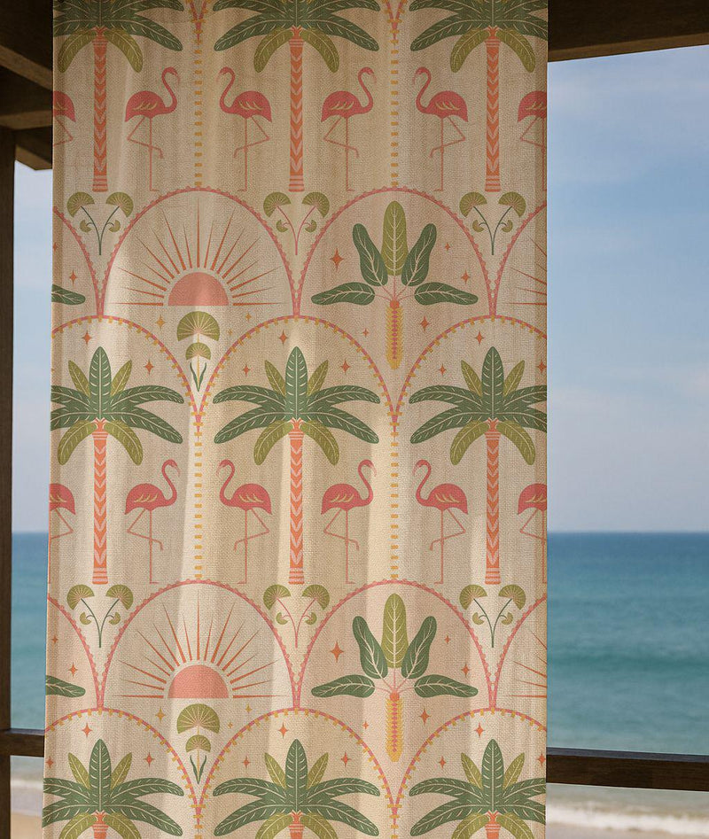 Flamingo Palm Linen Curtain – Tropical Retro Pattern Linen Drape
