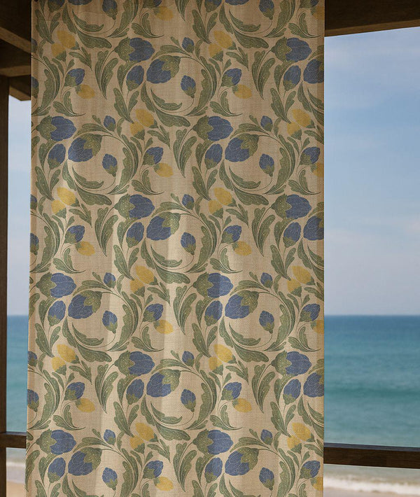 Floral Swirl Linen Curtain – Blue Yellow Green Pattern Linen Drape