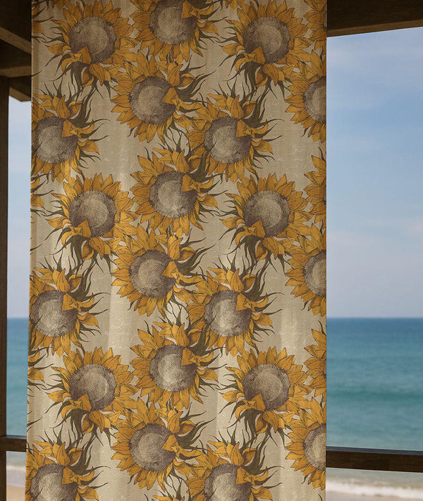 Sunflower Linen Curtain – Vintage Yellow Floral Pattern Linen Drape