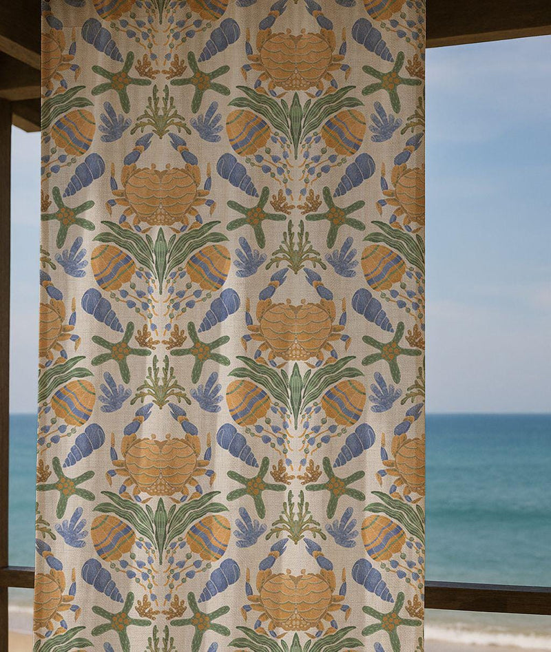 Coastal Seashell Linen Curtain – Vintage Yellow Floral Pattern Linen Drape