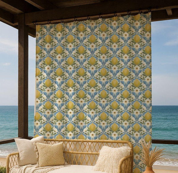 Lemon Botanical Linen Curtain – Yellow Blue Green Pattern Linen Drape