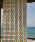 Mediterranean Tile Linen Curtain – Green Blue Orange Pattern Linen Drape - Image 1