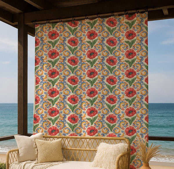 Floral Baroque Linen Curtain – Red Poppy Ornate Botanical Linen Drape
