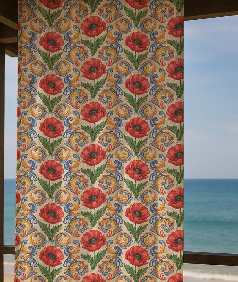 Floral Baroque Linen Curtain – Red Poppy Ornate Botanical Linen Drape