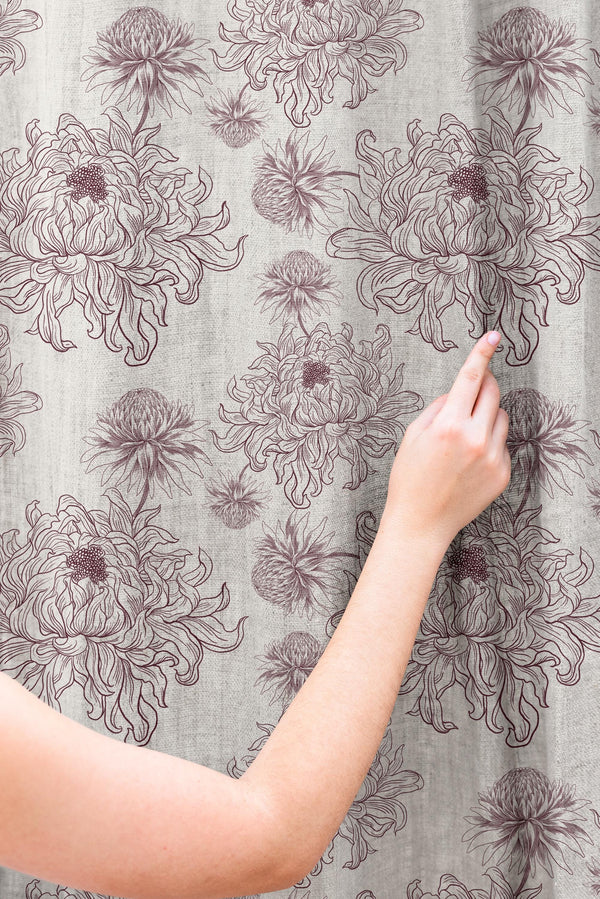 Minimal Line Art Floral Linen Curtain Panel, Neutral Beige Botanical Drapes, Modern Cottagecore Window Treatment, Soft Mauve Flower Print