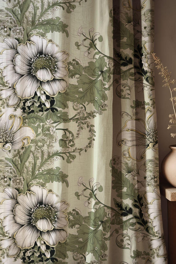 Vintage-Floral Linen Curtain – Sage Green White Linen Drape