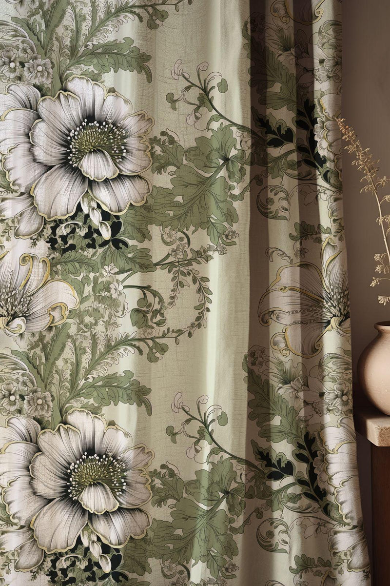 Vintage-Floral Linen Curtain – Sage Green White Linen Drape