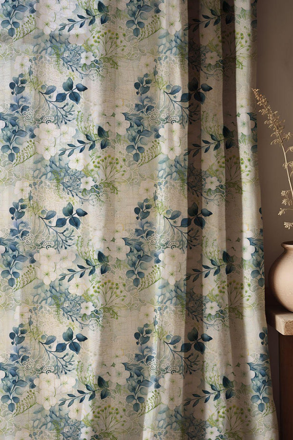Soft Floral Linen Curtain – Blue Green White Linen Drape