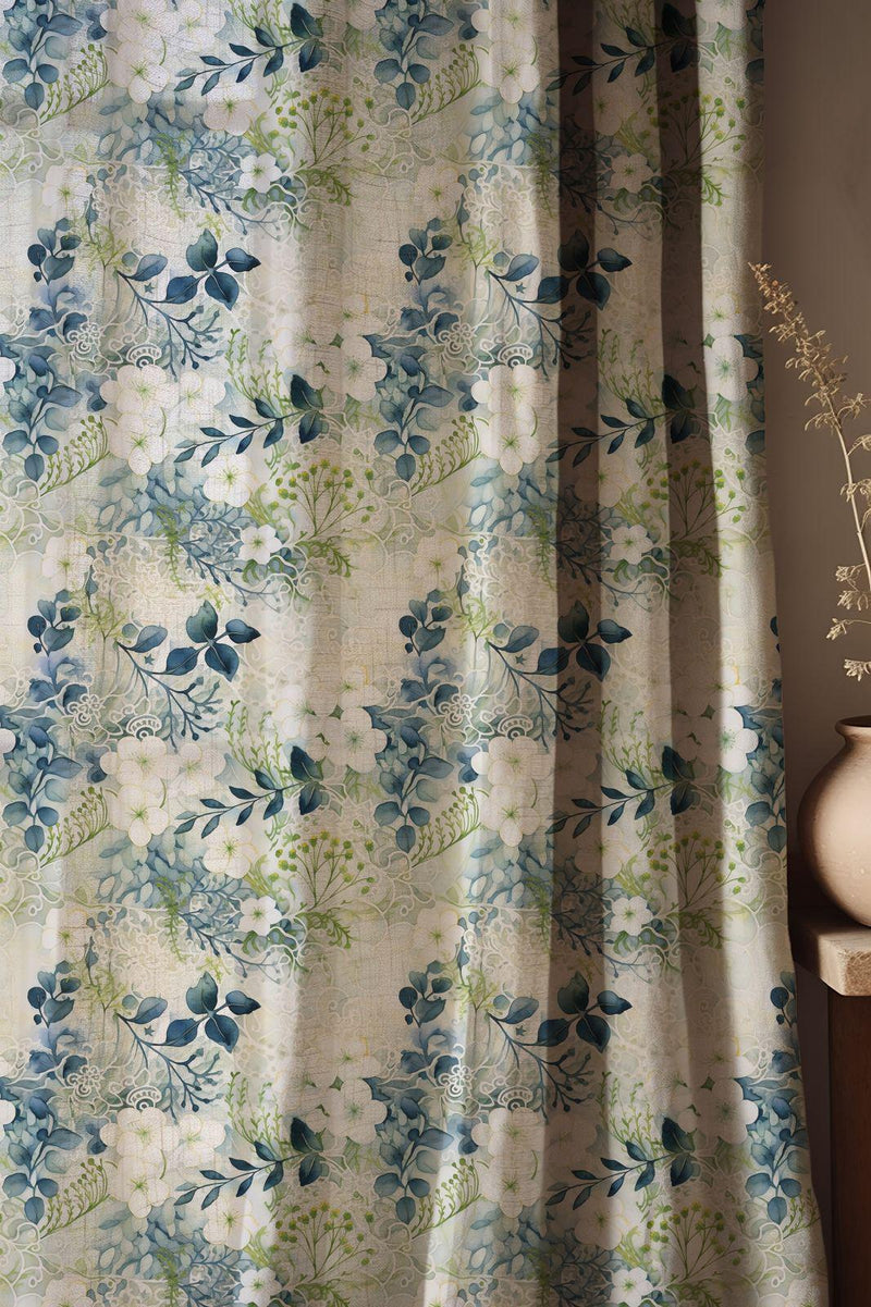 Soft Floral Linen Curtain – Blue Green White Linen Drape