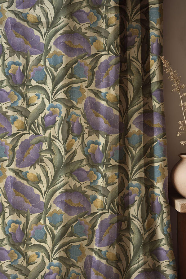 Vintage Botanical Linen Curtain – Floral Print Purple Blue Green Linen Drape