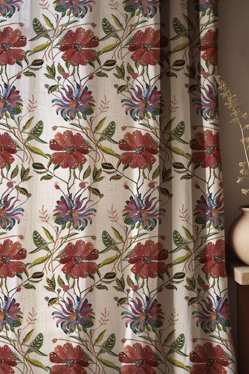 Bohemian Folk Art Linen Curtain – Colorful Botanical Floral Linen Drape