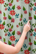 Minimal Botanical Linen Curtain – Hand Painted Red Flowers Green Leaves Linen Drape - Image 3