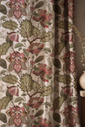 Ornamental Botanical Linen Curtain – Vintage Folk Floral Pattern Green Pink Linen Drape - Image 1