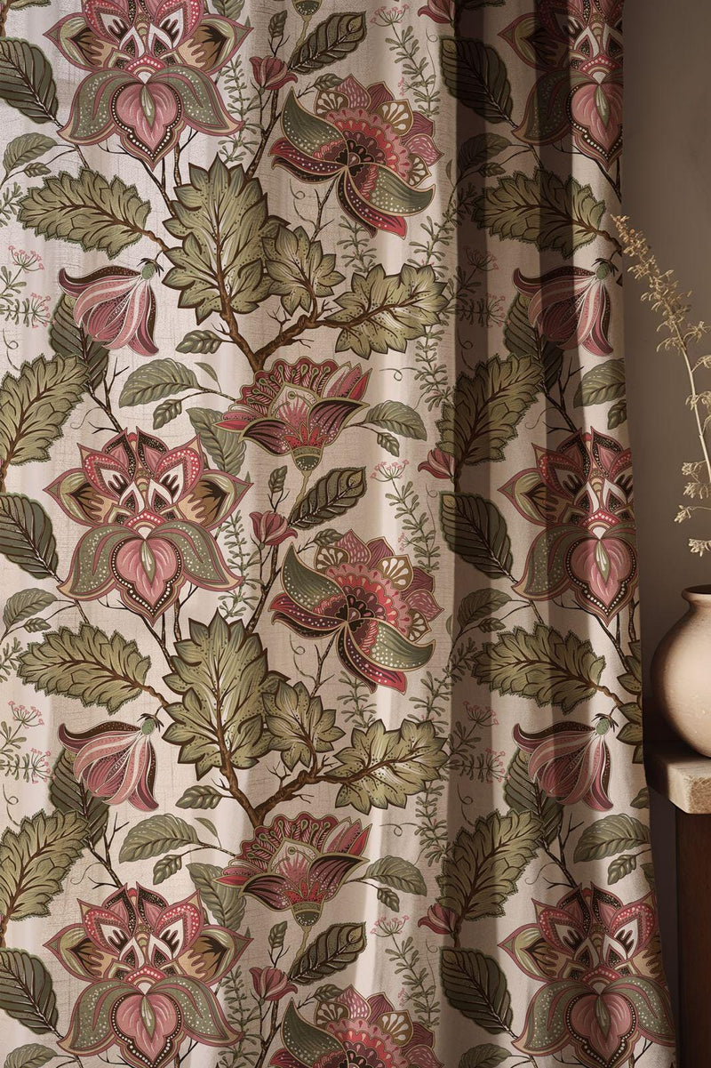 Ornamental Botanical Linen Curtain – Vintage Folk Floral Pattern Green Pink Linen Drape