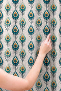 Peacock Feather Motif Linen Curtain – Teal Blue and Gold Linen Drape - Image 2