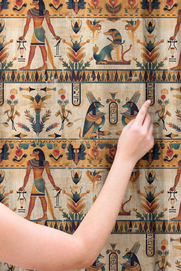Ancient Egyptian Motif Linen Curtain – Hieroglyphic Print Linen Drape