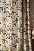 Olive Branch Print Linen Curtain - Mediterranean Botanical Illustration Pattern With Green Leaves and Purple Olives Linen Drape - Image 1