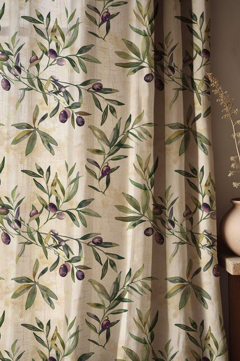 Olive Branch Print Linen Curtain - Mediterranean Botanical Illustration Pattern With Green Leaves and Purple Olives Linen Drape
