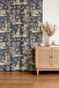 Toile Print Linen Curtain - Vintage Pastoral Scene With Classical Figures Trees & Birds Linen Drape - Image 2