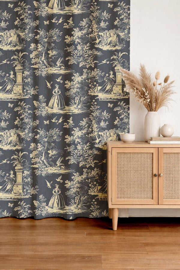 Toile Print Linen Curtain - Vintage Pastoral Scene With Classical Figures Trees & Birds Linen Drape