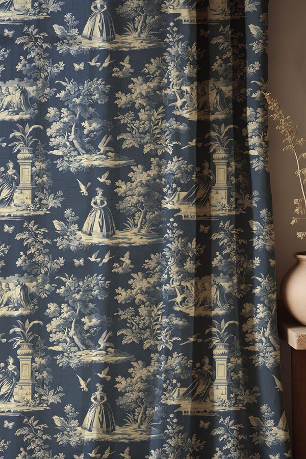 Toile Print Linen Curtain - Vintage Pastoral Scene With Classical Figures Trees & Birds Linen Drape