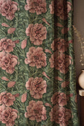 Dark Floral Print Linen Curtain - Vintage Rose Blossom Illustration Pattern With Deep Green Background Linen Drape - Image 1
