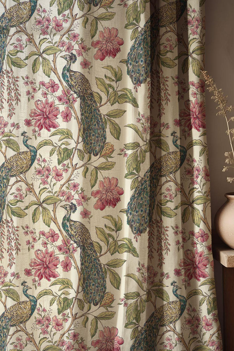 Peacock Print Linen Curtain - Vintage Botanical Floral Illustration With Birds and Blossoms Linen Drape