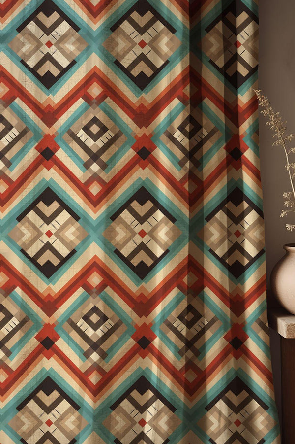 Southwestern Print Linen Curtain - Native Inspired Geometric Diamond Pattern in Earth Tones Linen Drape