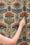 Art Nouveau Damask Linen Curtain, Teal Rust Orange Print Drapes, Stylized Floral Window Panel, Custom Size - Image 2