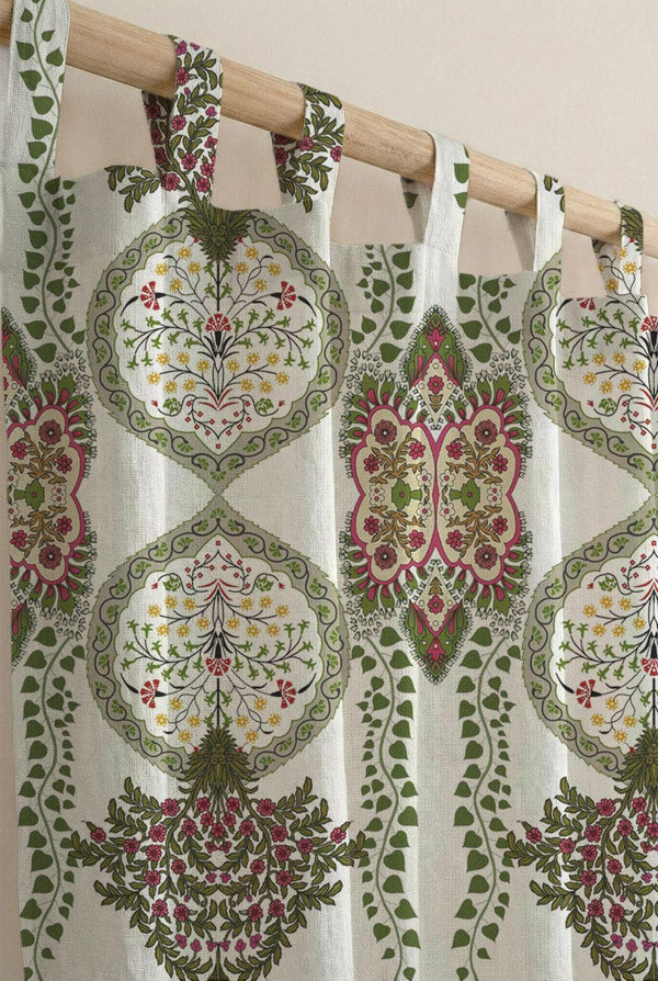 Traditional Floral Medallion Linen Curtain, Iznik Tile Print Drapes, Turkish Tulip Window Panel, Custom Size