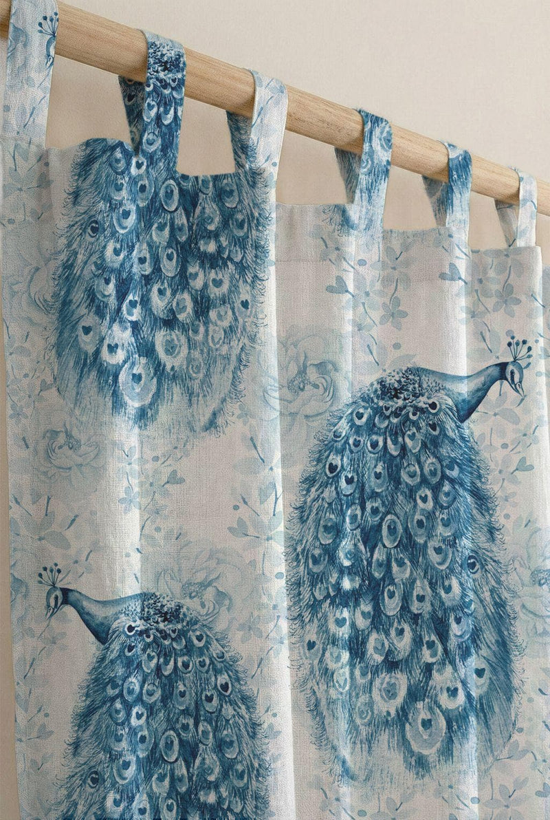 Blue Watercolor Peacock Linen Curtain, Chinoiserie Print Drapes, Monochromatic Bird Window Panel, Custom Size