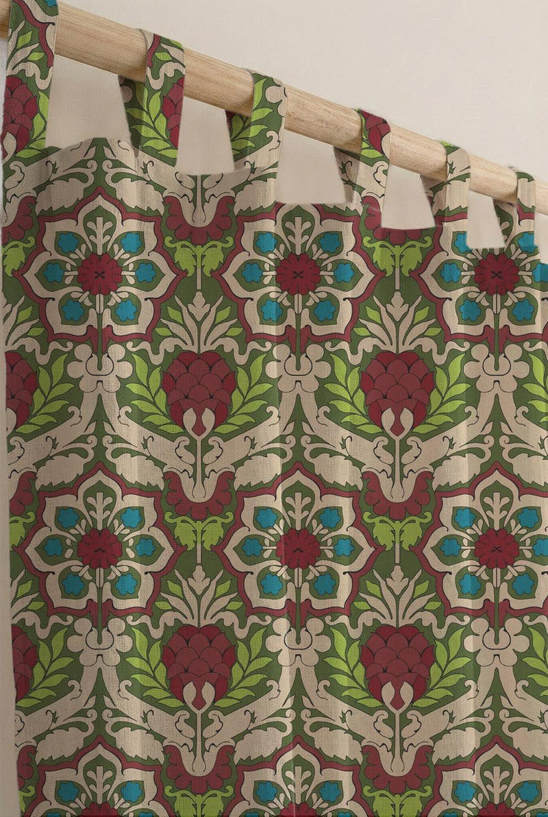Red Teal Damask Linen Curtain, Floral Print Window Panel