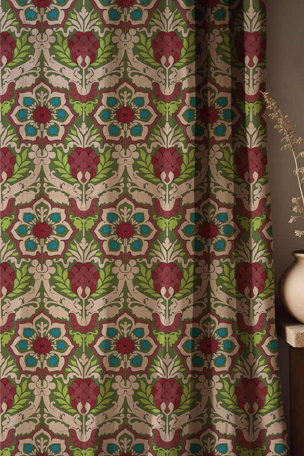 Red Teal Damask Linen Curtain, Floral Print Window Panel