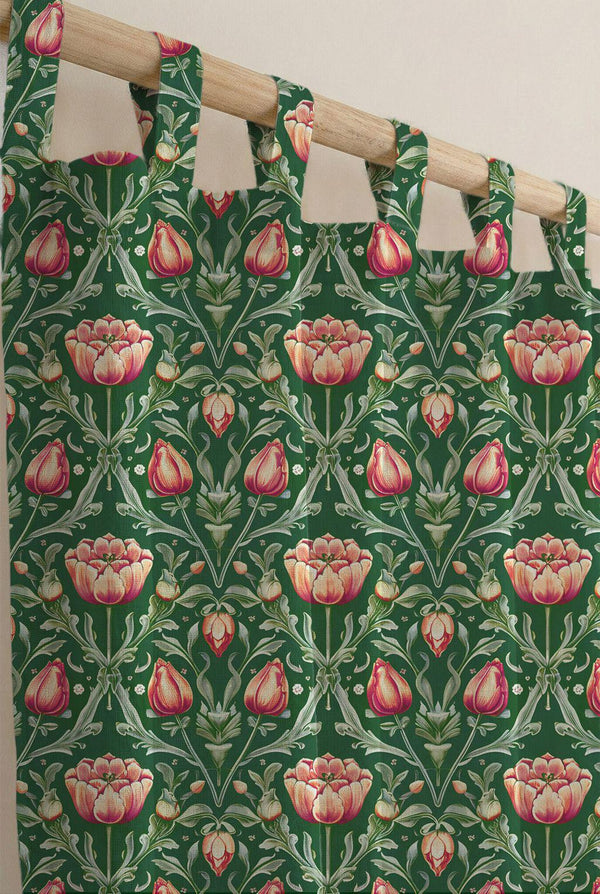 Green Tulip Floral Curtain, Vintage Art Nouveau Print, Custom Size