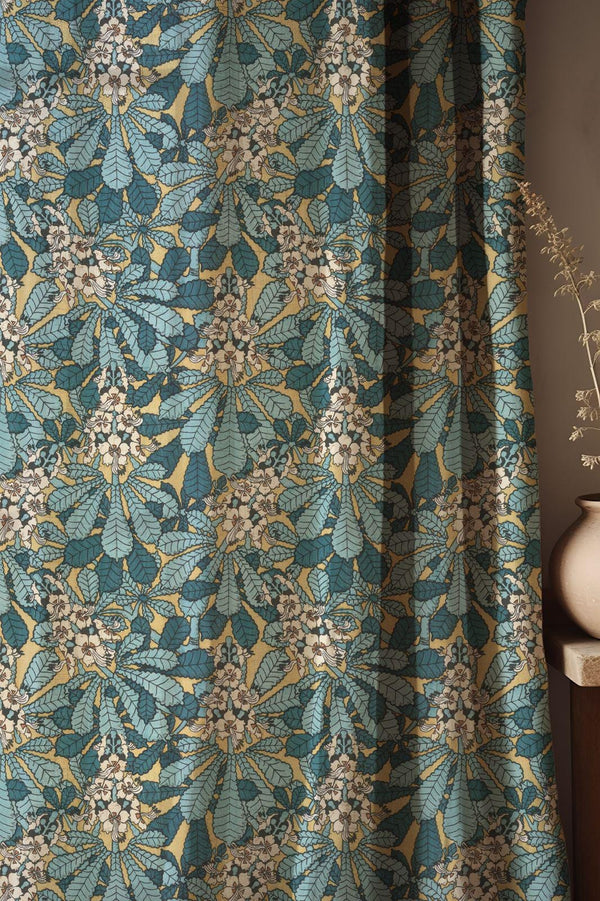 Cotton Linen Teal Horse Chestnut Floral Curtain, Blue Green Botanical Print Drapes, Arts and Crafts Style Window Panel, Custom Size